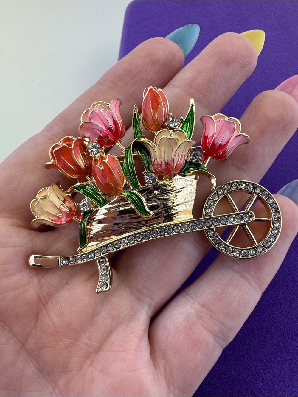 💛 Anne Klein Gold-Tone Tulip Wheelbarrow Floral Brooch | Pink & Green Enamel - Picture 3 of 5
